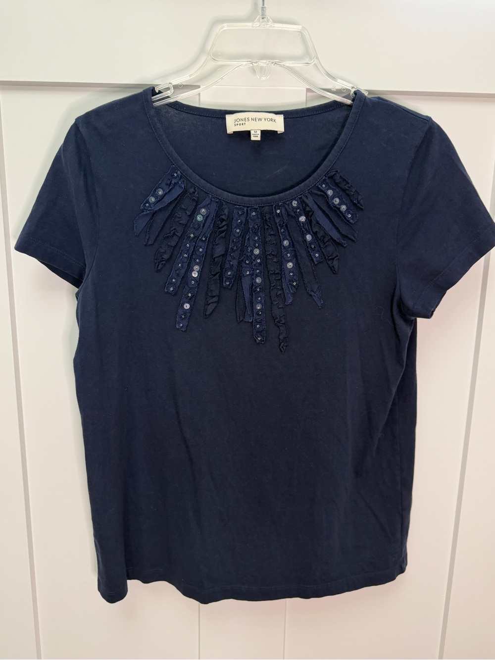 Cute Fourth of July t-shirt! Jones NY Navy Short Sleeve Tee with Beaded Neckline